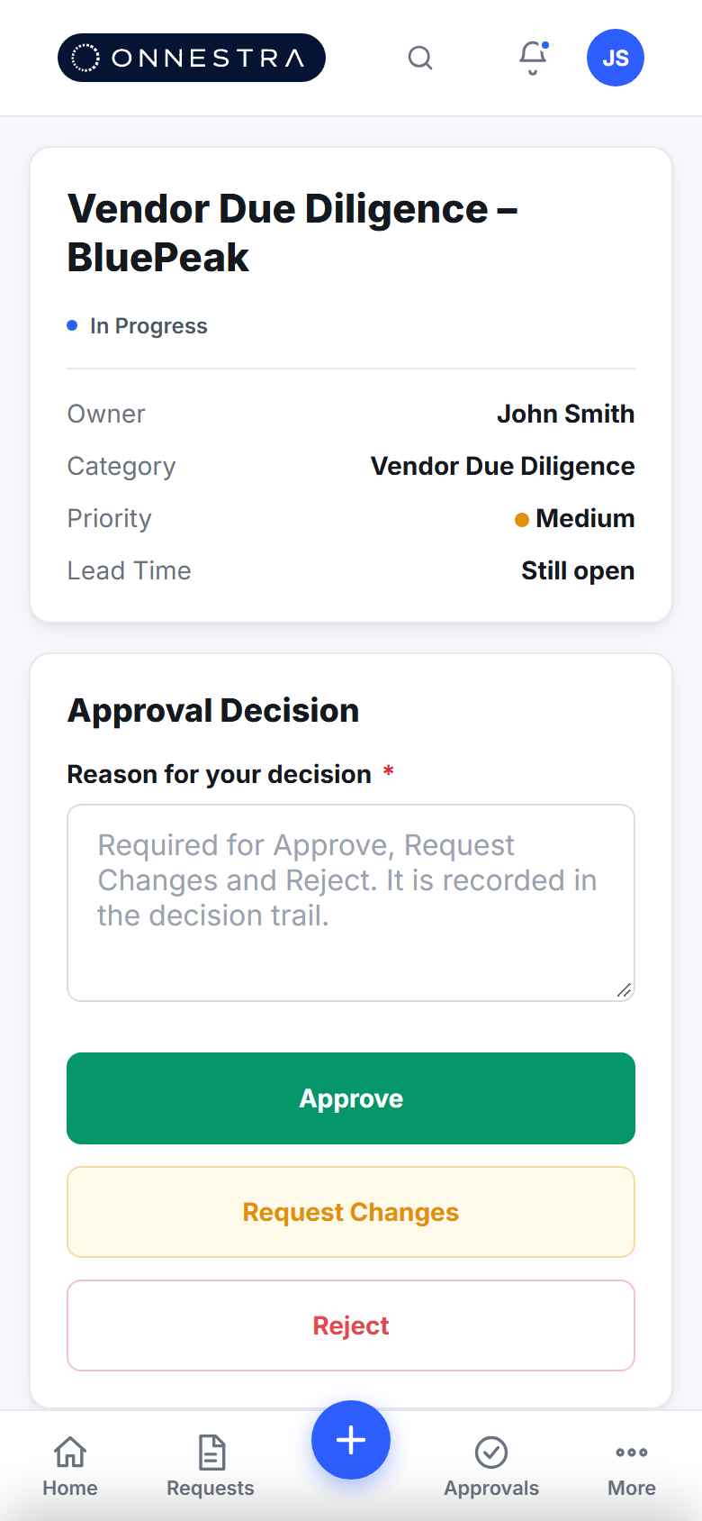 Onnestra approval screen on a phone (sample data).