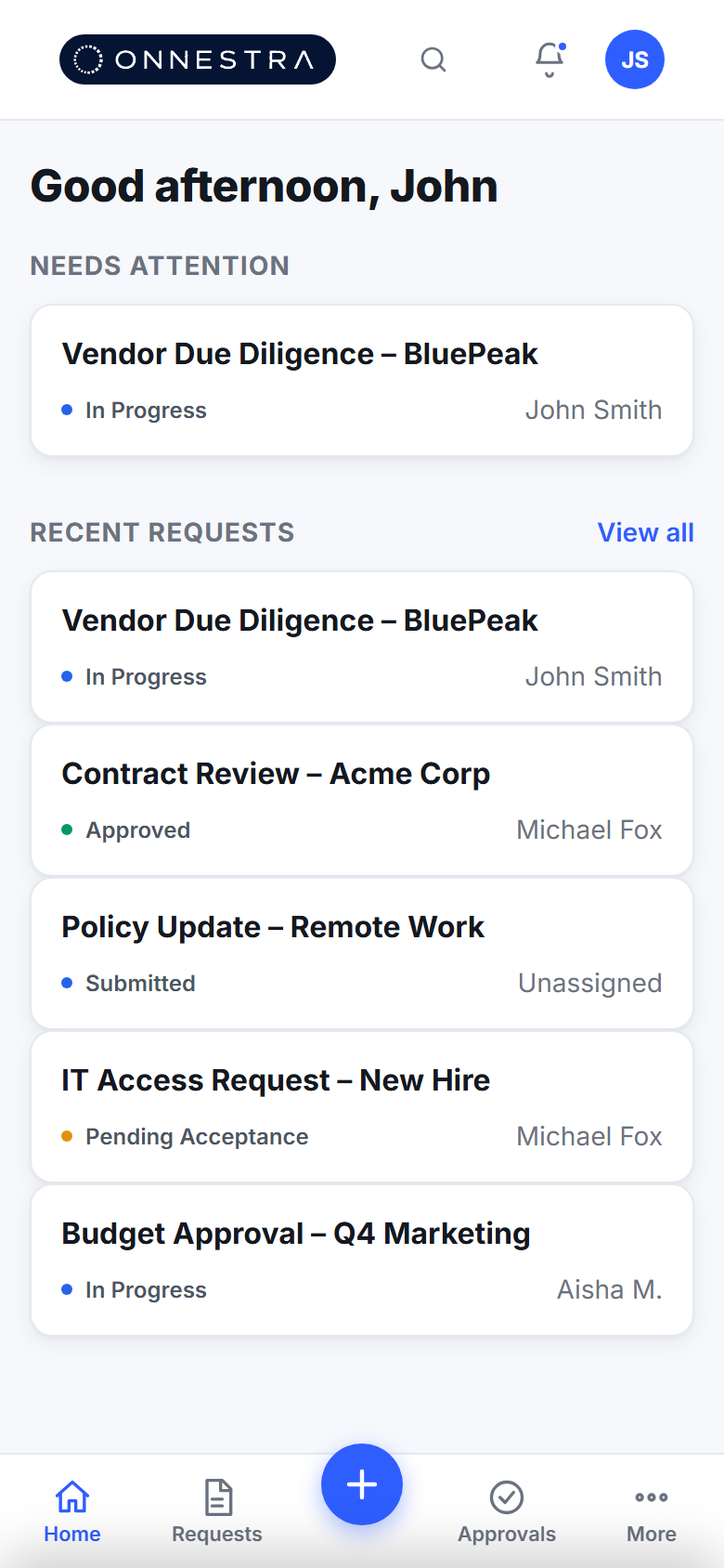 Onnestra home on a phone, showing requests that need attention (sample data).